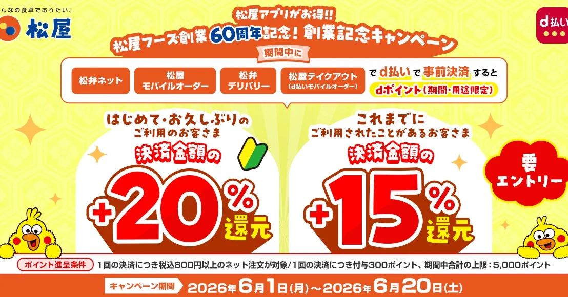 松屋創業60周年記念d払いキャンペーン告知バナー